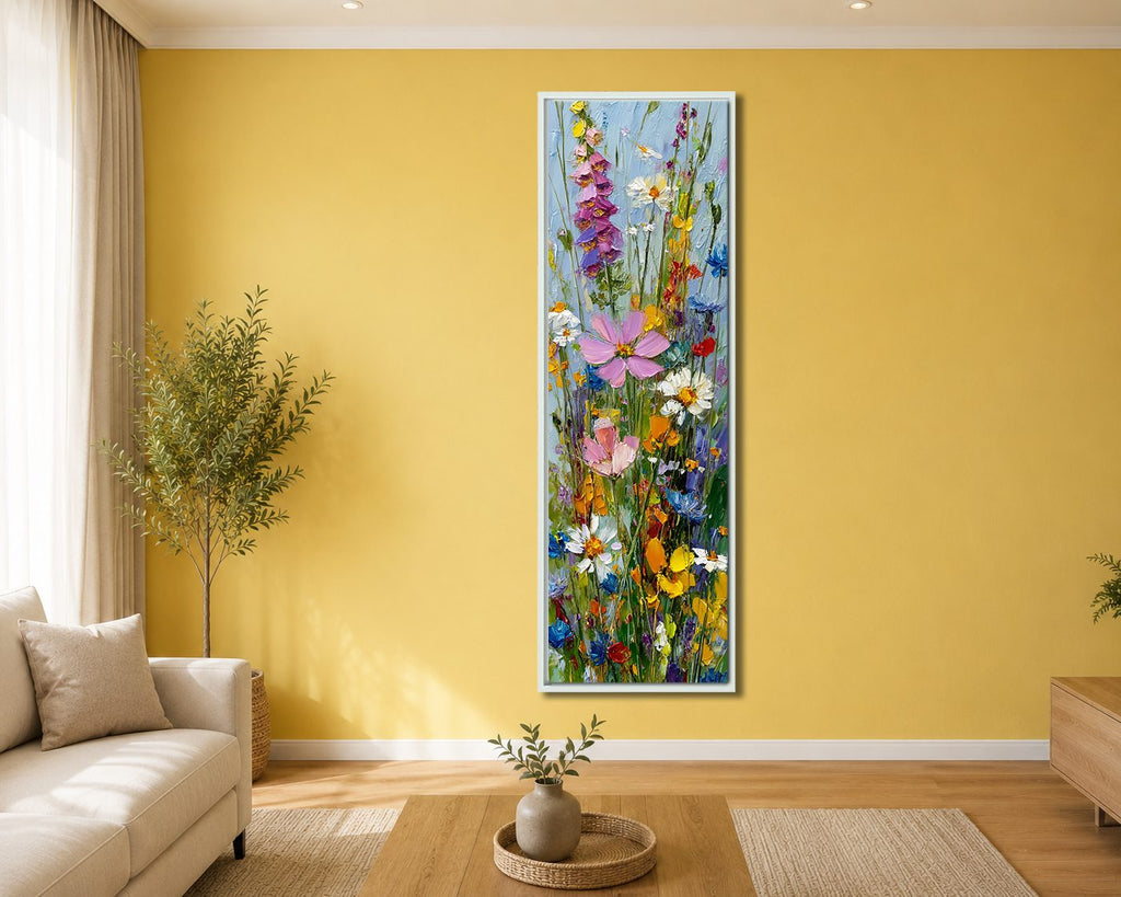Colorful Wildflower Bouquet canvas wall art, white floating frame