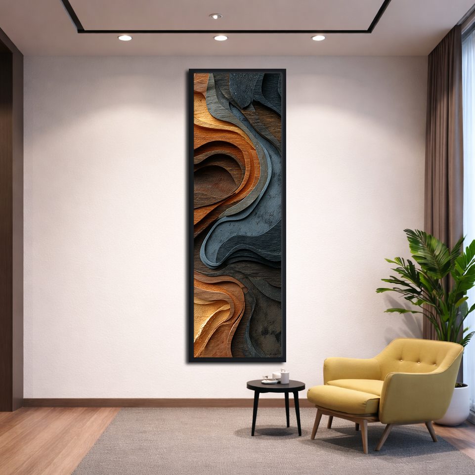 Copper and Slate Wood Wave Abstract canvas wall art, black floating frame