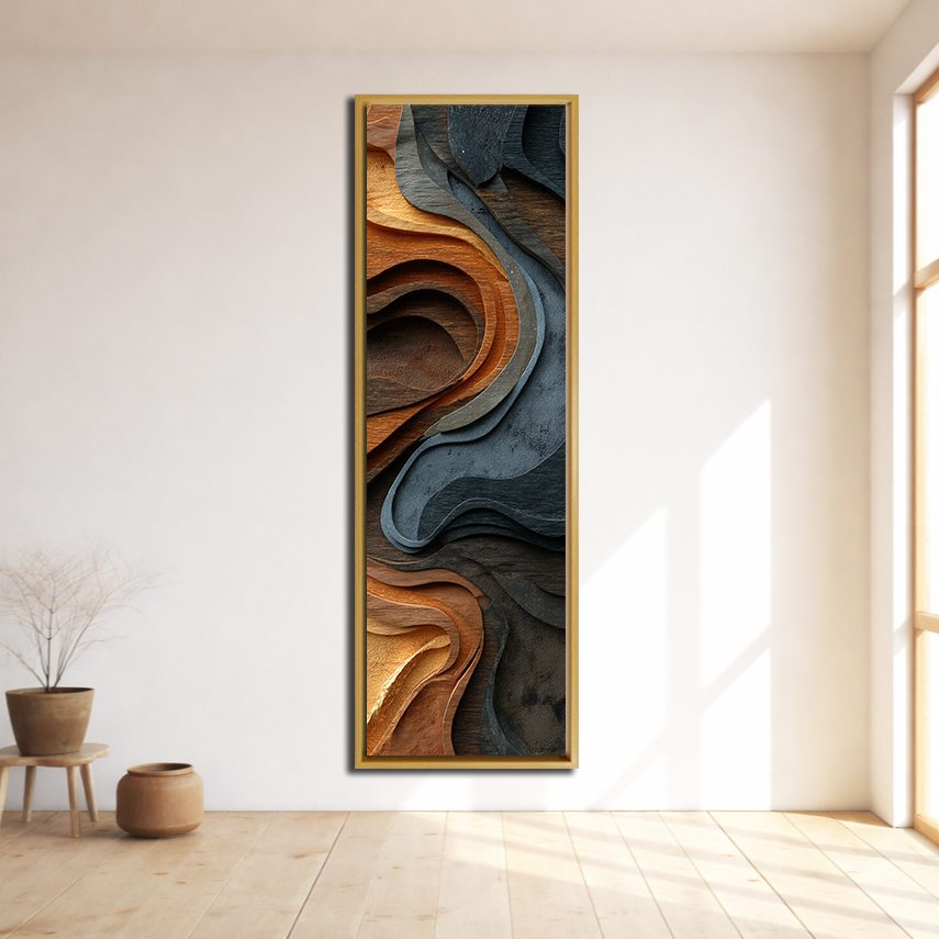 Copper and Slate Wood Wave Abstract canvas wall art, natural wood floating frame