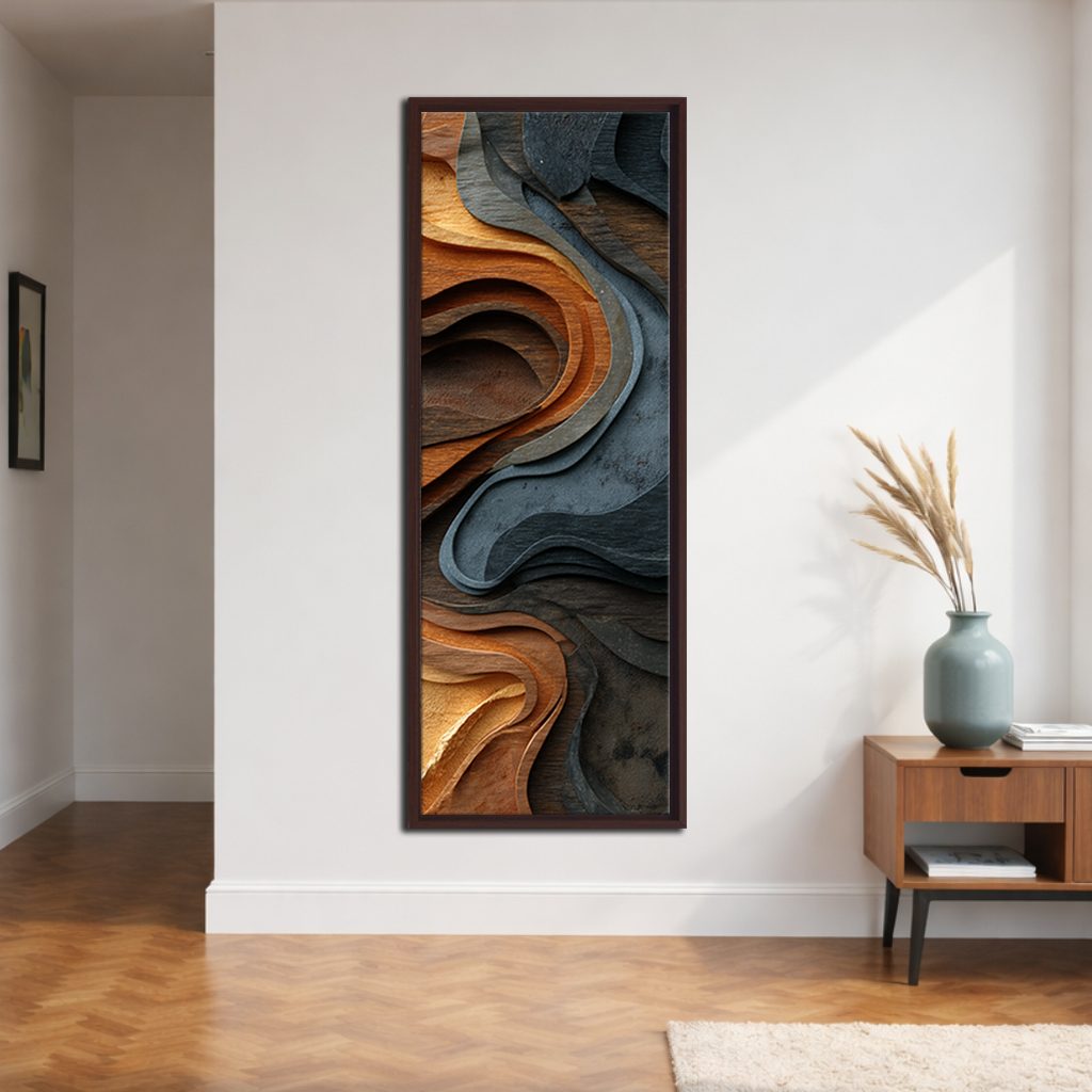 Copper and Slate Wood Wave Abstract canvas wall art, walnut floating frame