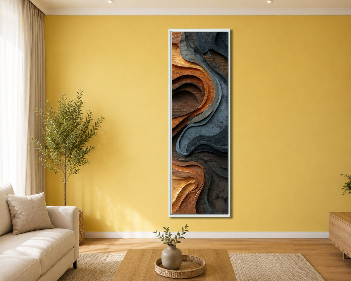 Copper and Slate Wood Wave Abstract canvas wall art, white floating frame