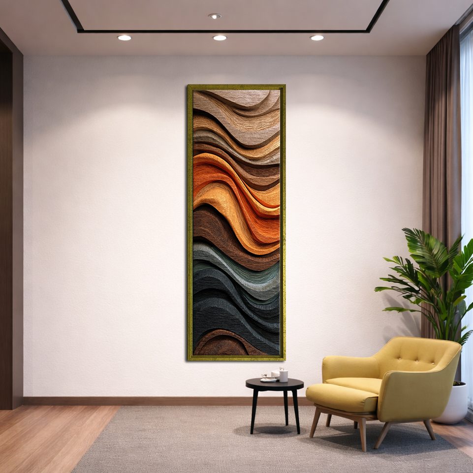 Copper Wave Wood Texture Abstract canvas wall art, gold floating frame