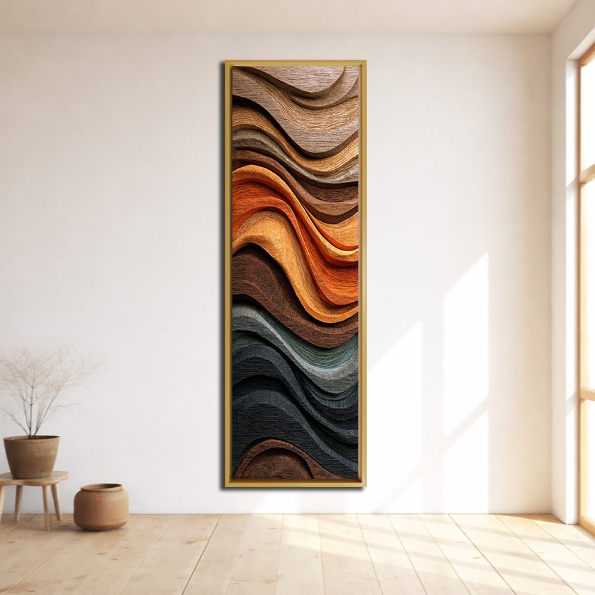 Copper Wave Wood Texture Abstract canvas wall art, natural wood floating frame