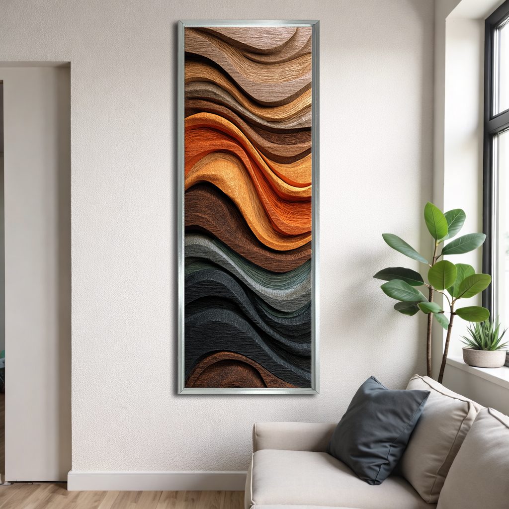 Copper Wave Wood Texture Abstract canvas wall art, silver floating frame