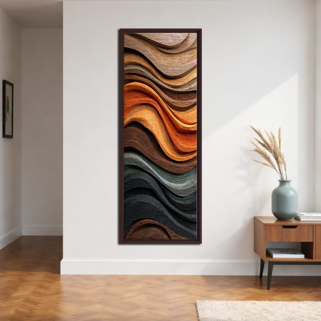 Copper Wave Wood Texture Abstract canvas wall art, walnut floating frame