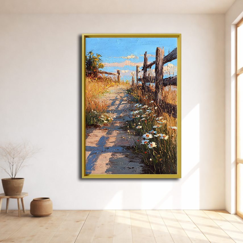 Country Lane with Wildflowers canvas wall art, natural wood floating frame