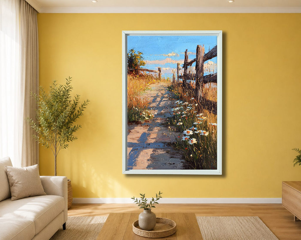 Country Lane with Wildflowers canvas wall art, white floating frame