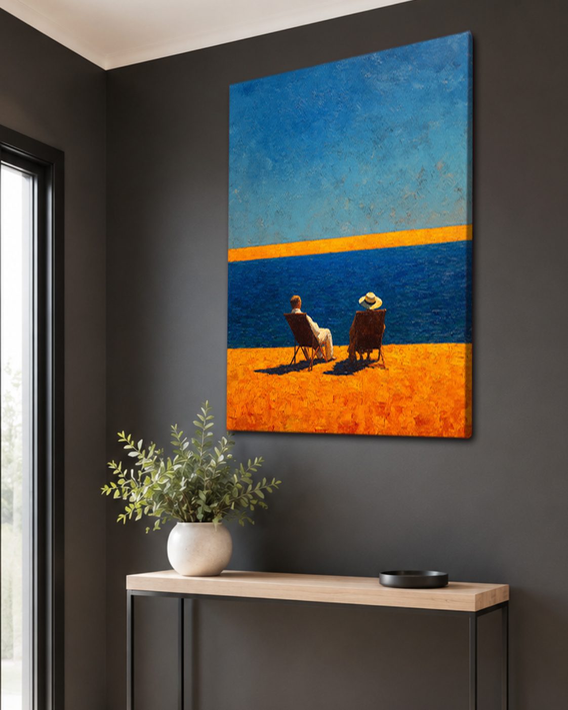 Couple on Beach Chairs by the Sea canvas wall art, unframed canvas