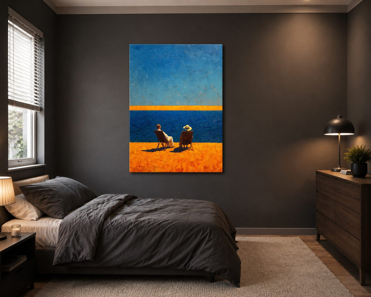 Couple on Beach Chairs by the Sea canvas wall art, unframed canvas