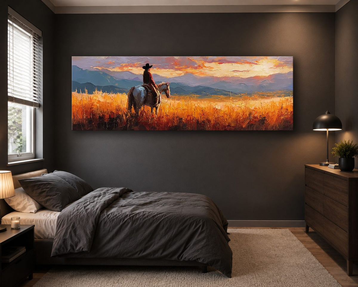 Cowboy on Horseback at Sunset canvas wall art, unframed canvas