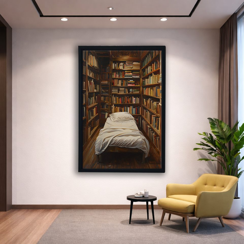 Cozy Library Bedroom canvas wall art, black floating frame