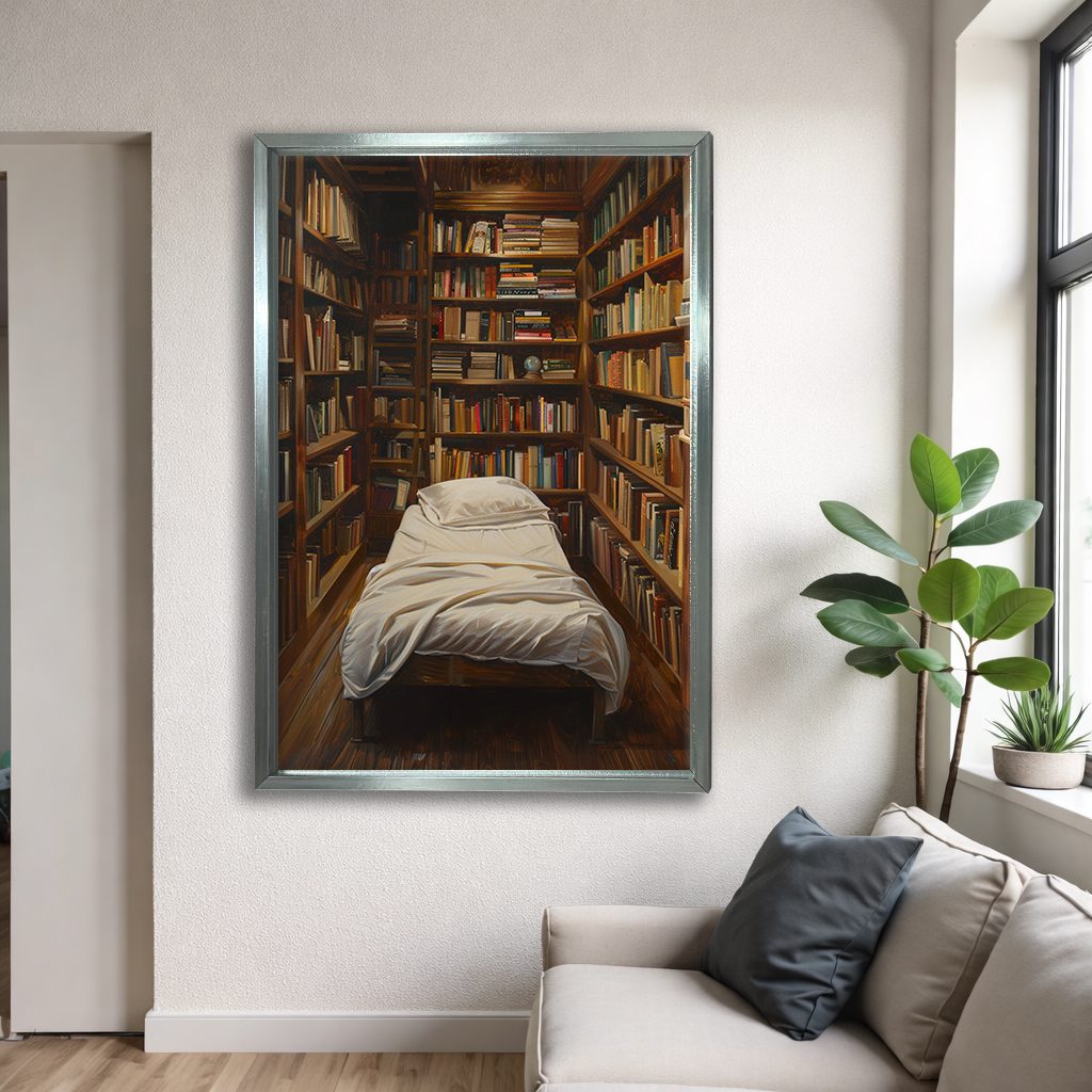 Cozy Library Bedroom canvas wall art, silver floating frame