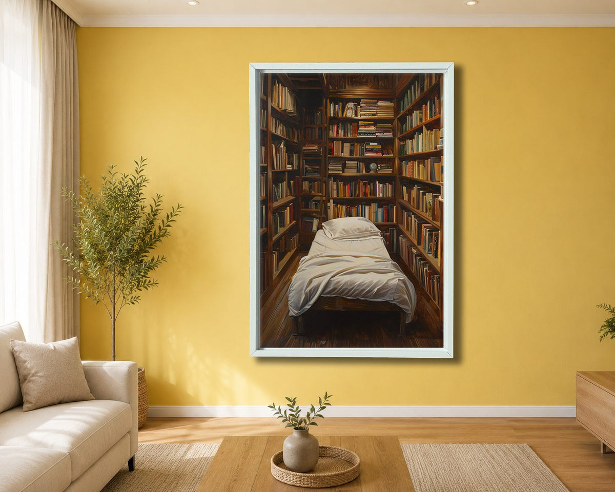 Cozy Library Bedroom canvas wall art, white floating frame