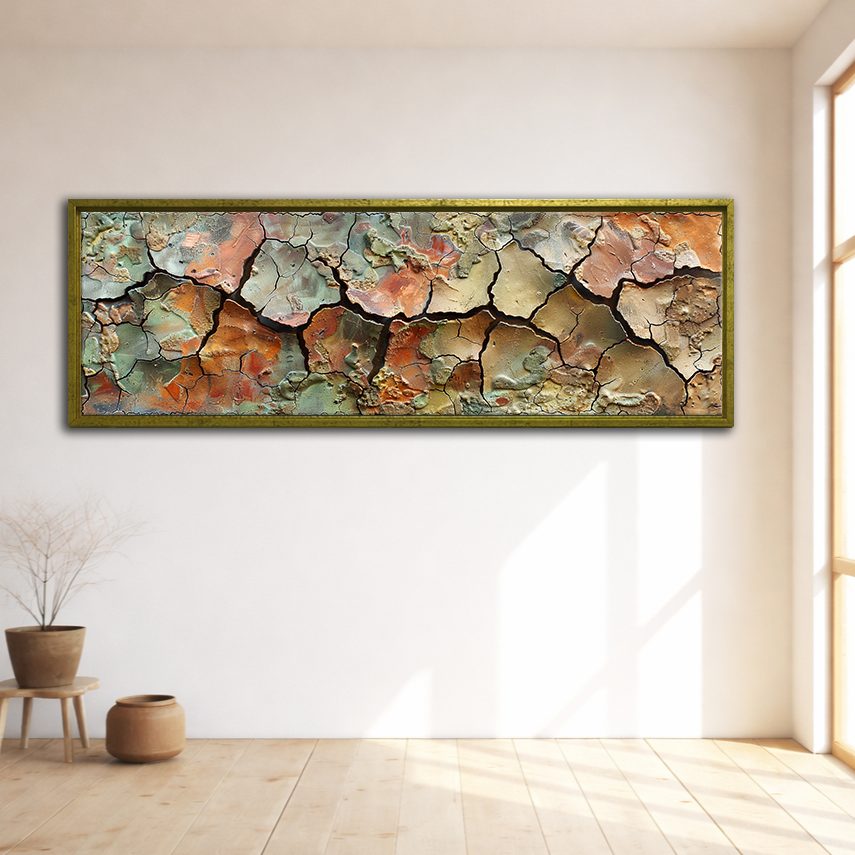 Cracked Earth Texture Abstract canvas wall art, gold floating frame