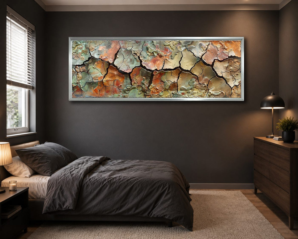 Cracked Earth Texture Abstract canvas wall art, silver floating frame