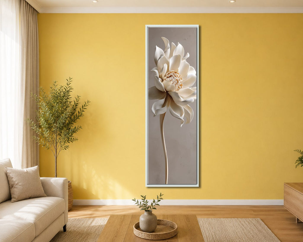 Cream Lotus Flower Sculpture canvas wall art, white floating frame