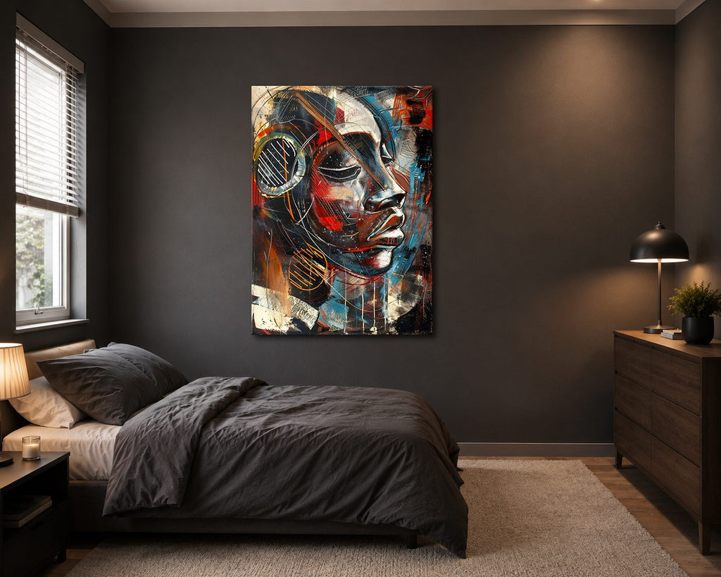 Cubist Woman Face with Headphones canvas wall art, unframed canvas