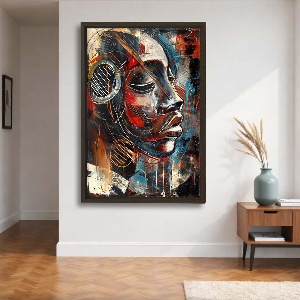 Cubist Woman Face with Headphones canvas wall art, walnut floating frame