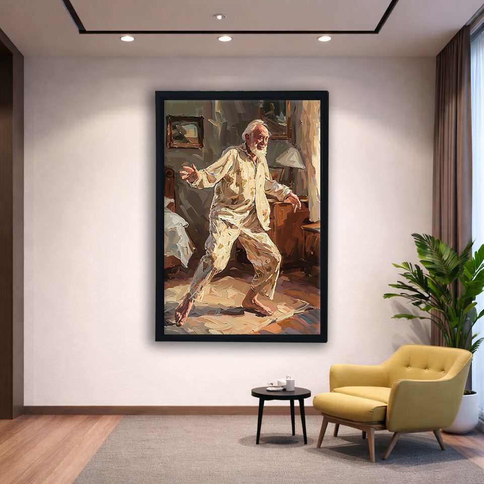 Dancing Grandpa Joy Painting canvas wall art, black floating frame