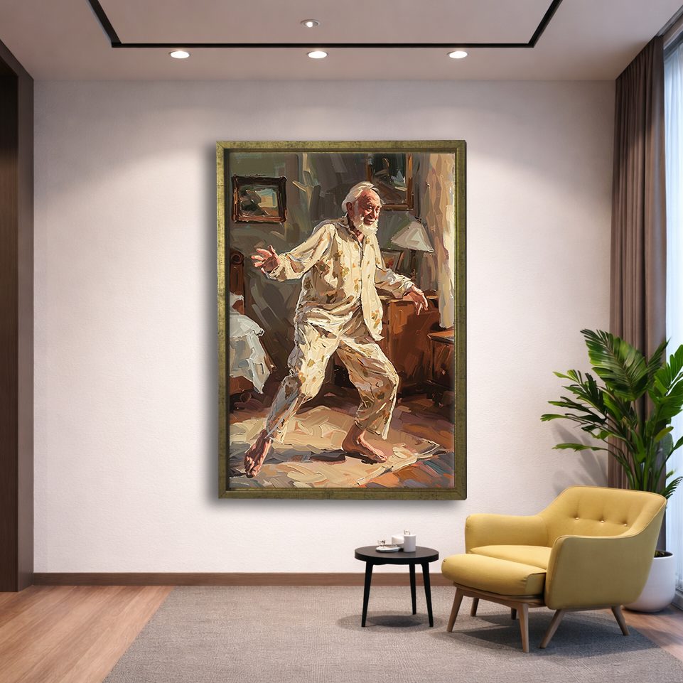 Dancing Grandpa Joy Painting canvas wall art, gold floating frame