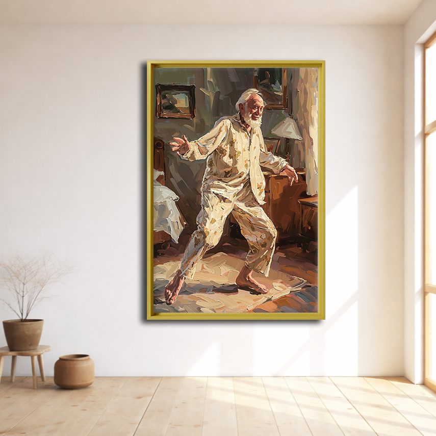 Dancing Grandpa Joy Painting canvas wall art, natural wood floating frame