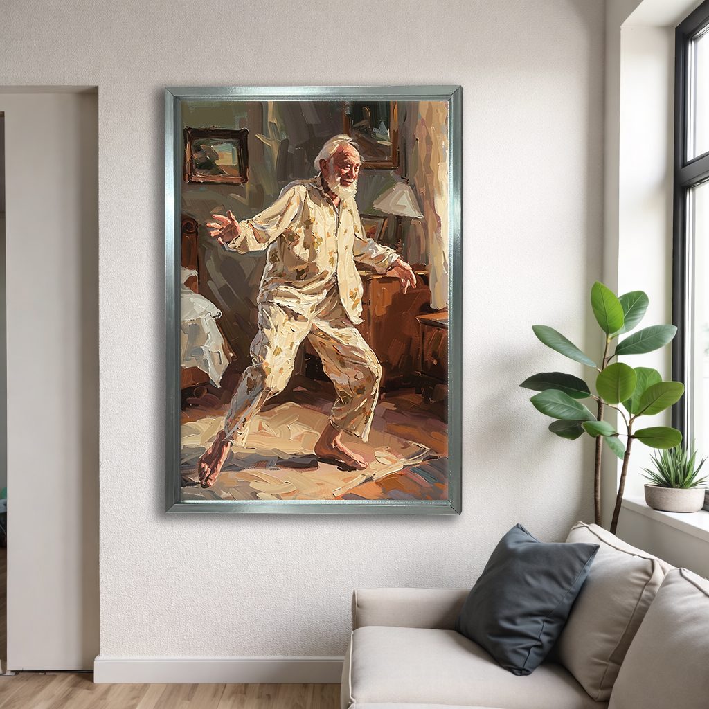 Dancing Grandpa Joy Painting canvas wall art, silver floating frame