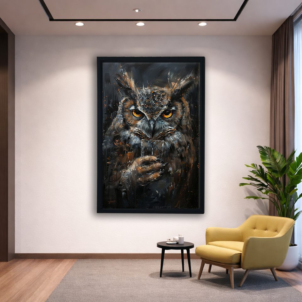 Dark Owl Portrait canvas wall art, black floating frame