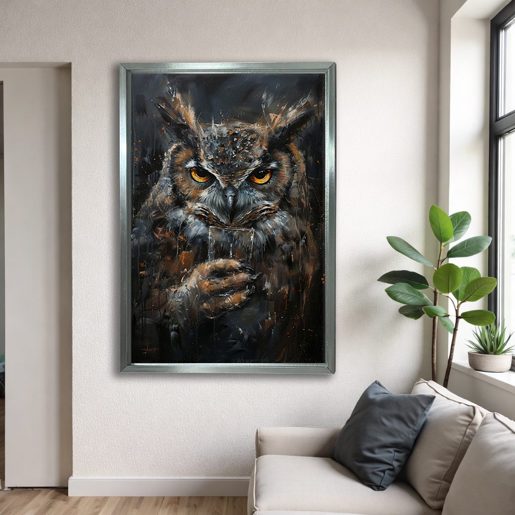 Dark Owl Portrait canvas wall art, silver floating frame