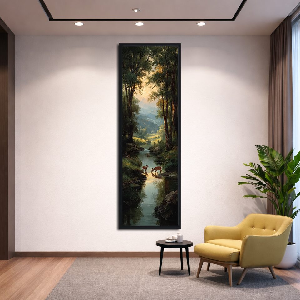 Deer by the Forest Creek canvas wall art, black floating frame