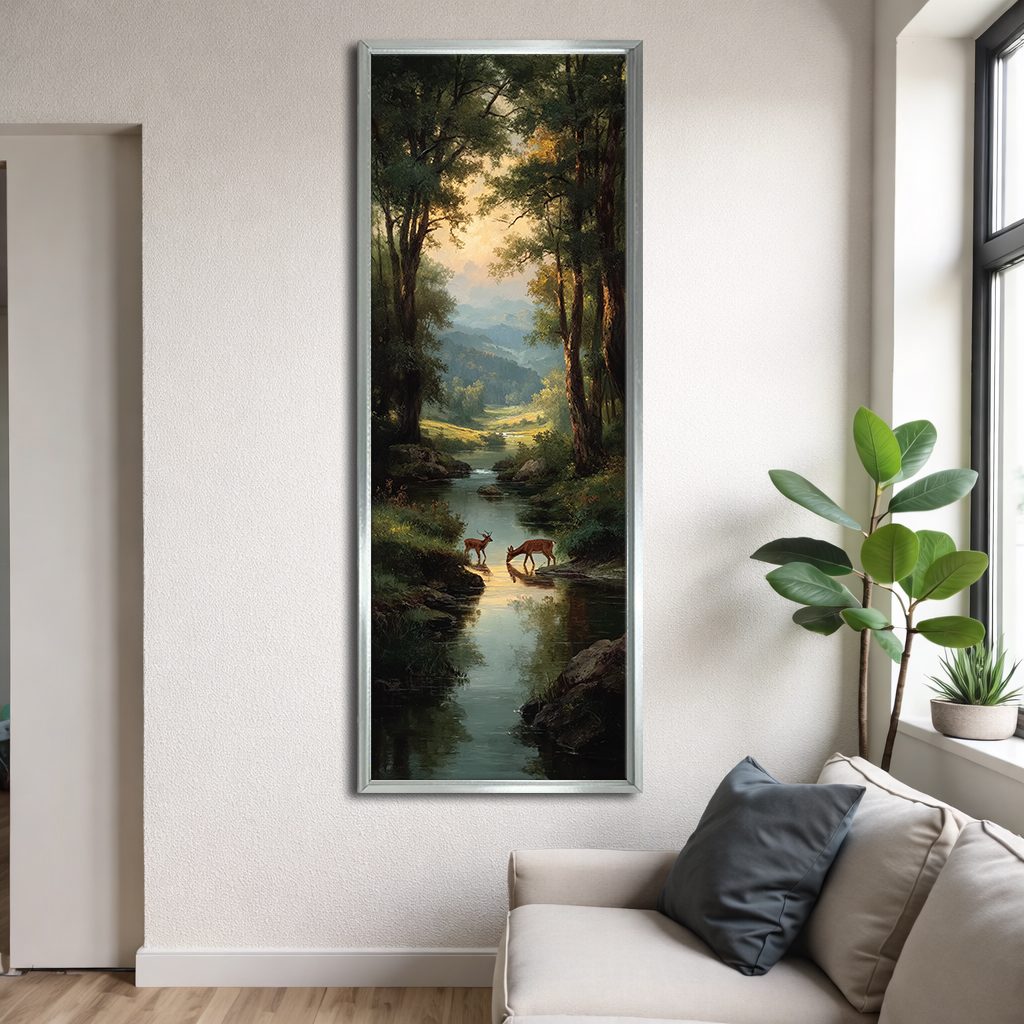 Deer by the Forest Creek canvas wall art, silver floating frame