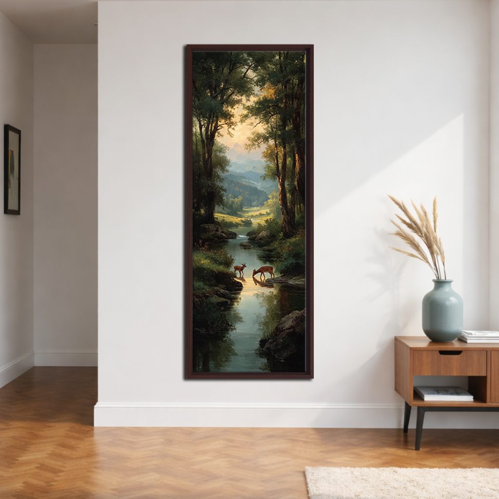Deer by the Forest Creek canvas wall art, walnut floating frame