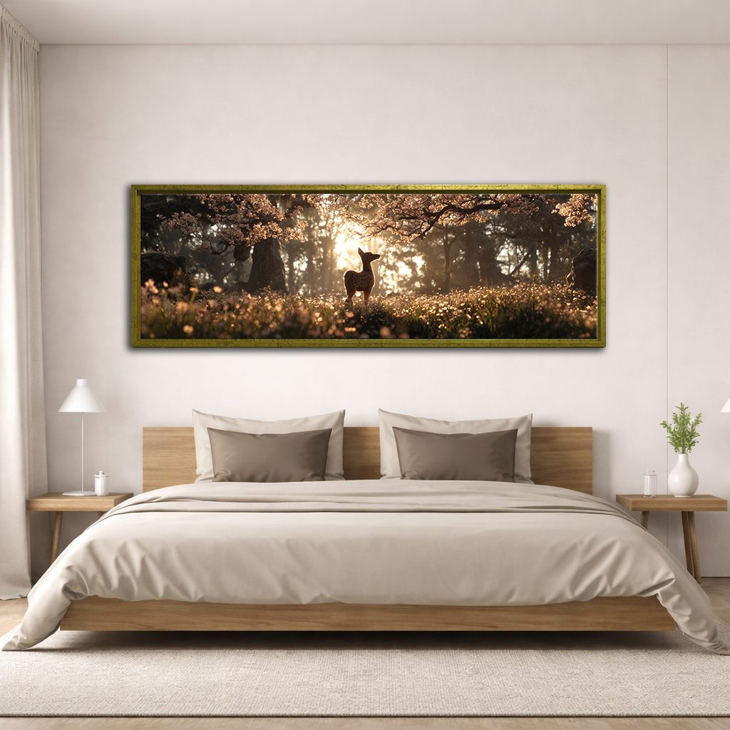 Deer in Golden Light Forest canvas wall art, antique gold floating frame