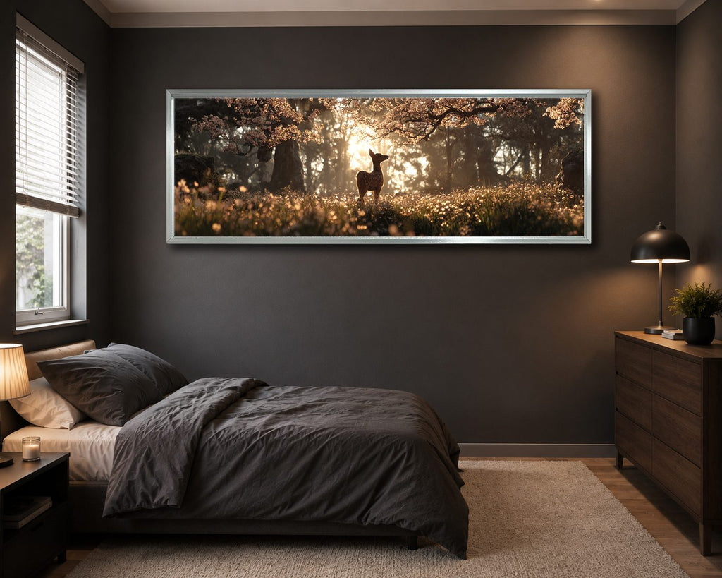 Deer in Golden Light Forest canvas wall art, silver floating frame