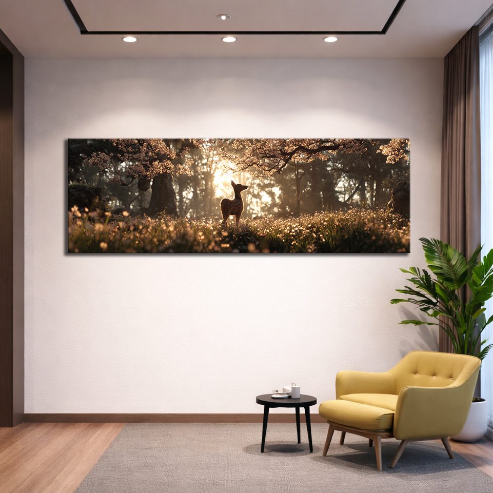 Deer in Golden Light Forest canvas wall art, unframed canvas