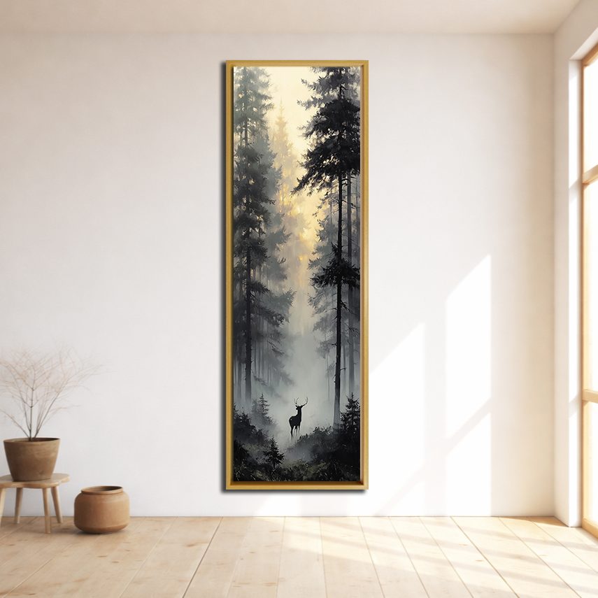 Deer in the Misty Pine Forest canvas wall art, natural wood floating frame