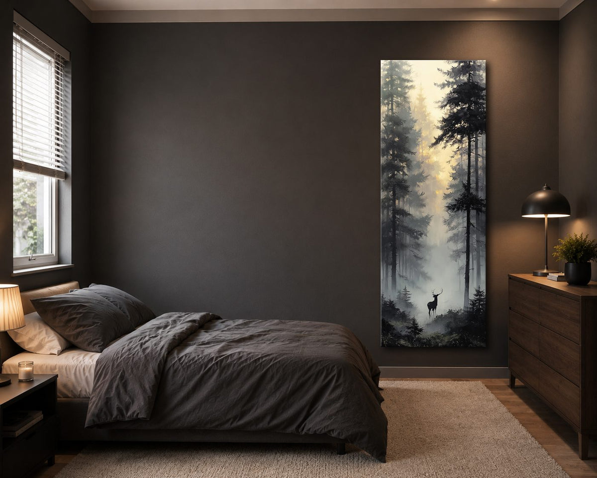 Deer in the Misty Pine Forest canvas wall art, unframed canvas