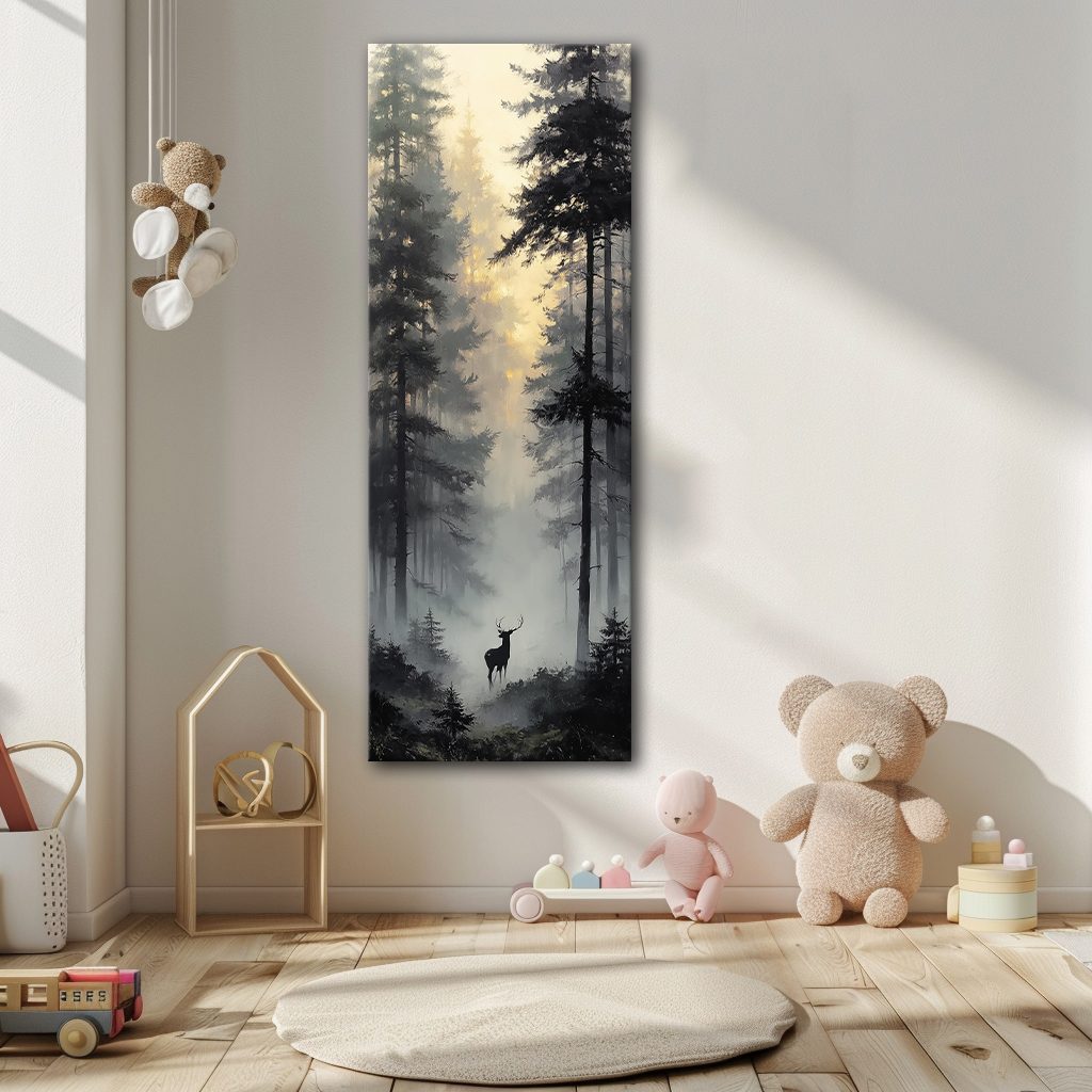Deer in the Misty Pine Forest canvas wall art, unframed canvas