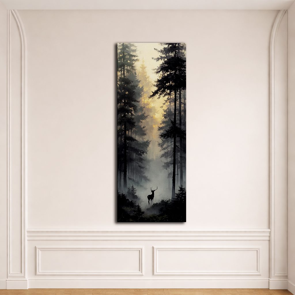 Deer in the Misty Pine Forest canvas wall art, unframed canvas