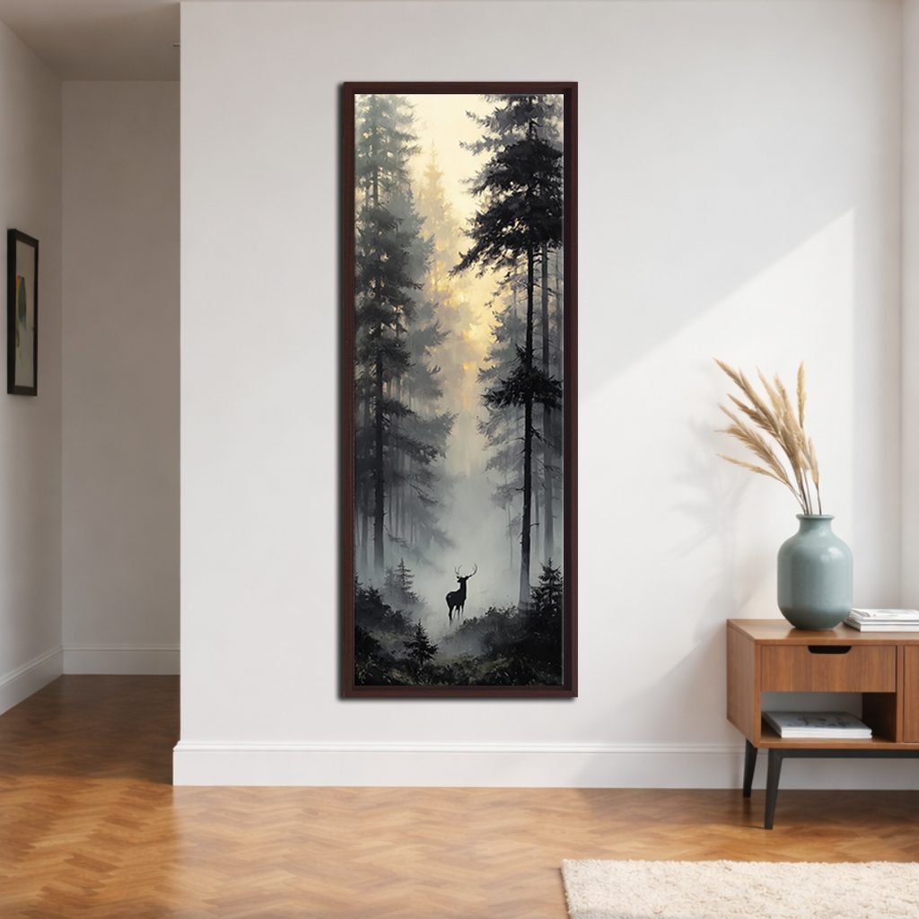 Deer in the Misty Pine Forest canvas wall art, walnut floating frame