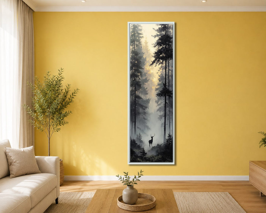 Deer in the Misty Pine Forest canvas wall art, white floating frame