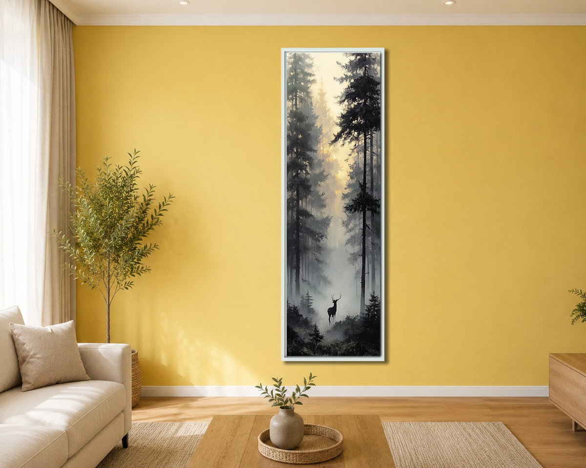 Deer in the Misty Pine Forest canvas wall art, white floating frame