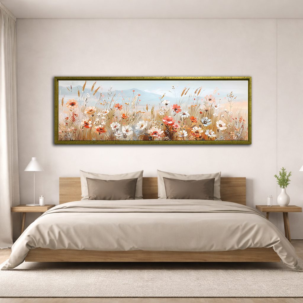 Delicate Wildflower Field canvas wall art, antique gold floating frame