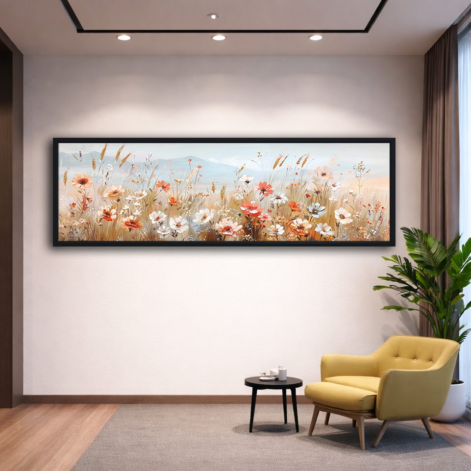 Delicate Wildflower Field canvas wall art, black floating frame