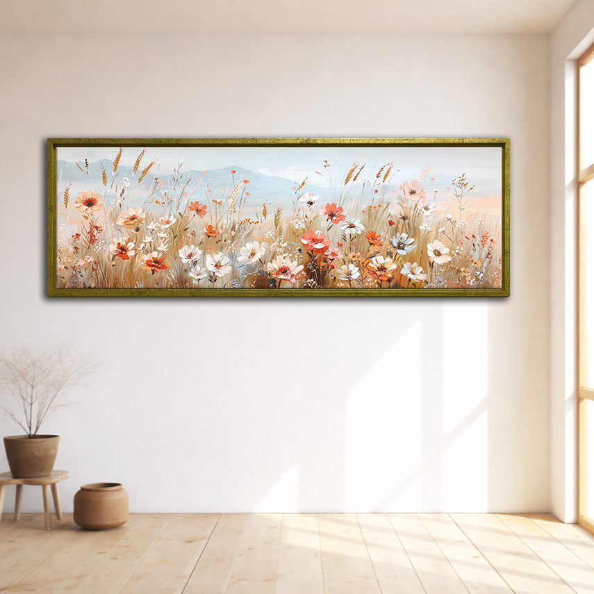 Delicate Wildflower Field canvas wall art, gold floating frame