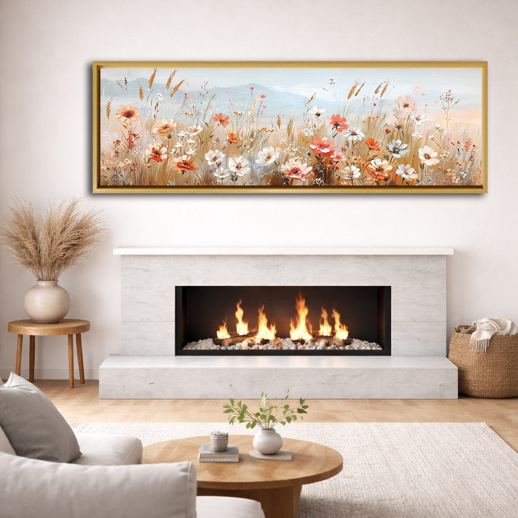 Delicate Wildflower Field canvas wall art, natural wood floating frame
