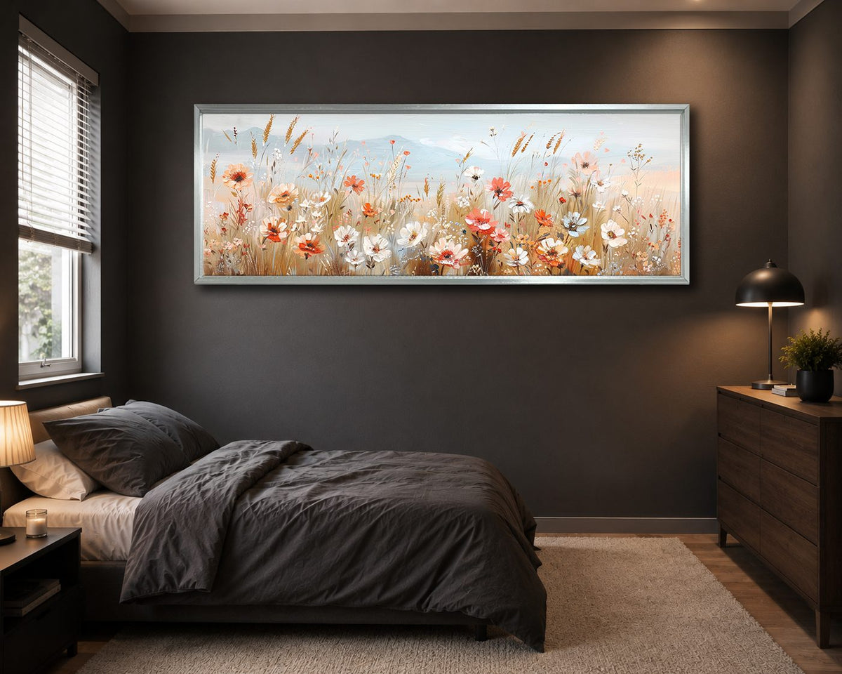 Delicate Wildflower Field canvas wall art, silver floating frame