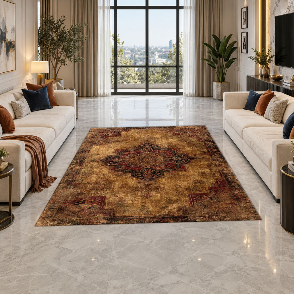 Distressed Brown Vintage Persian Medallion printed area rug