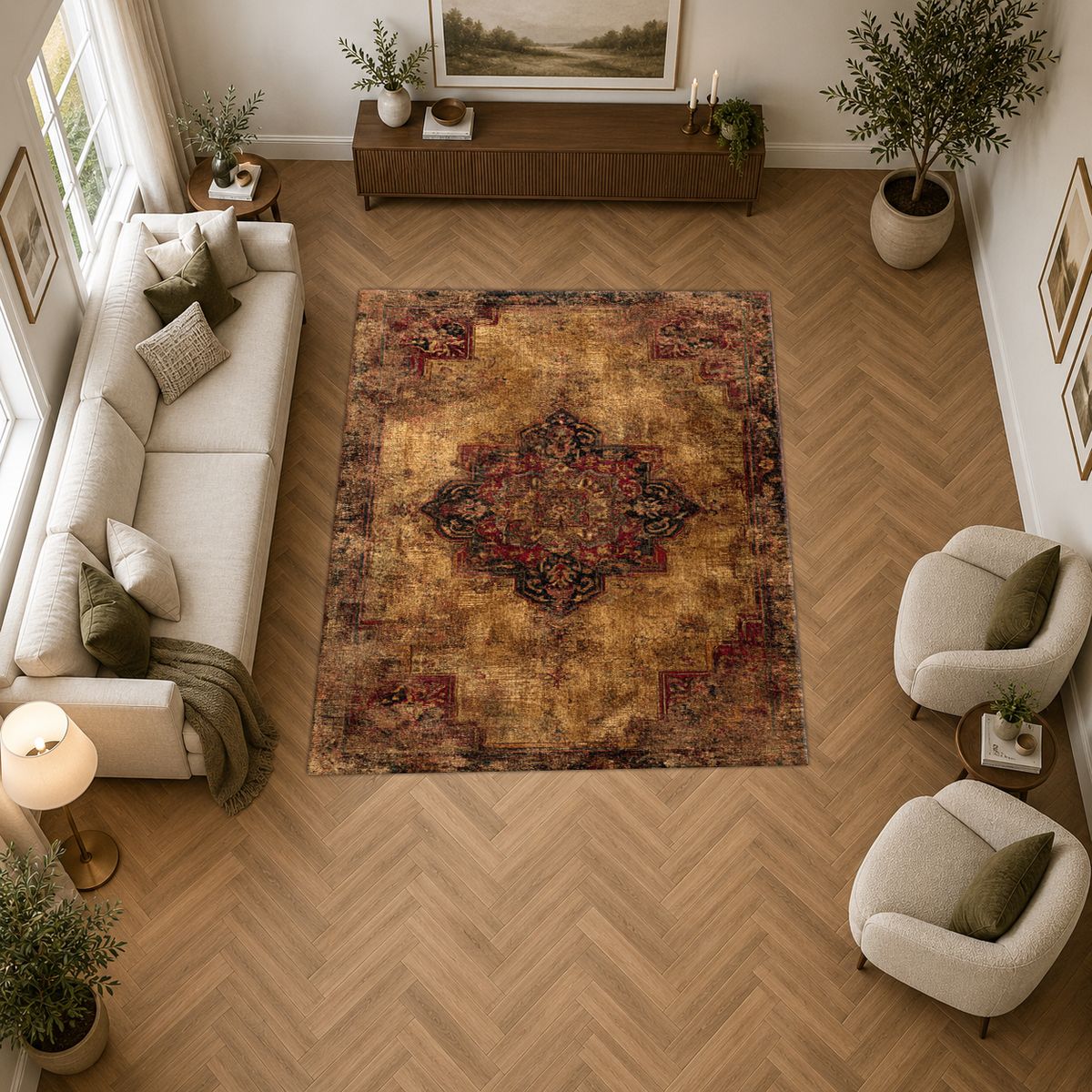 Distressed Brown Vintage Persian Medallion printed area rug