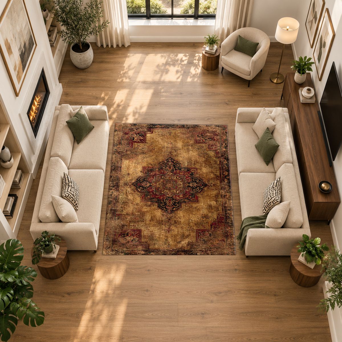 Distressed Brown Vintage Persian Medallion printed area rug