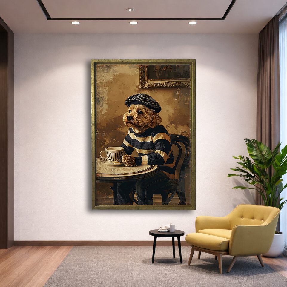 Dog in Beret at Paris Cafe canvas wall art, gold floating frame